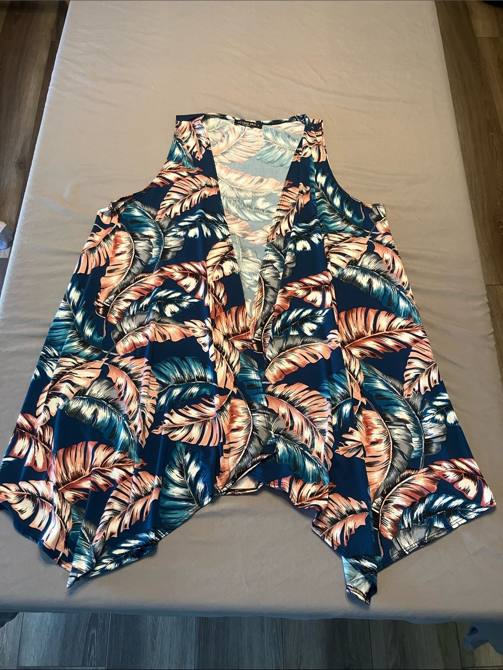 Acting Pro Navy Tropical Leaf Sleeveless Tunic with Peach & Teal Leaves